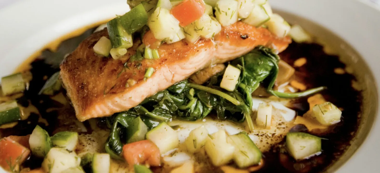 Plated salmon dish for full-service catering